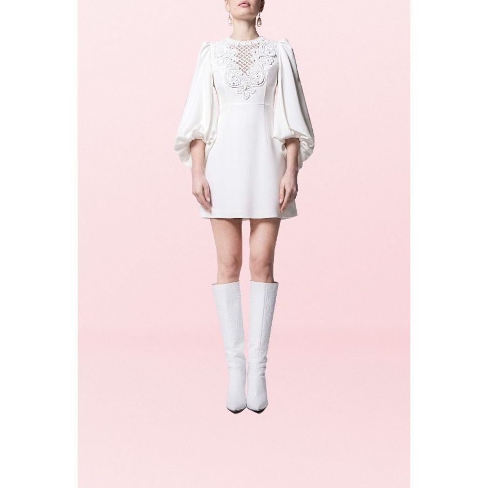 ANDREW GN Lattice Ruffle Puff-Sleeve Minidress